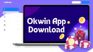 on image is a laptop with the text "okwin app donwload"