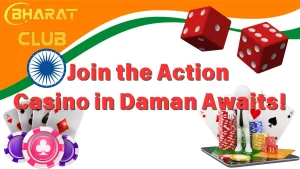 on image, background color is India flag with dice, cards, and casino chips on it and text "join the action to casino in daman"