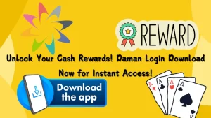 yellow background with lottery and cards of ace with the text of "daman login download"